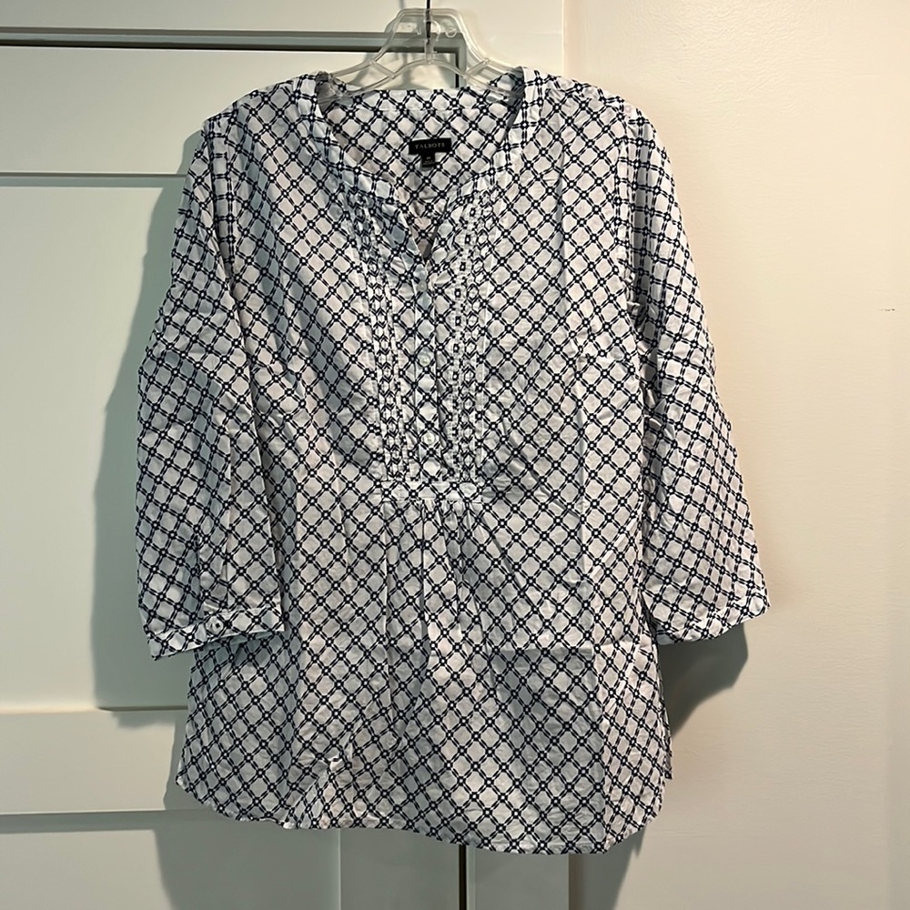 Talbots Blue and White Patterned Long sleeve Blouse